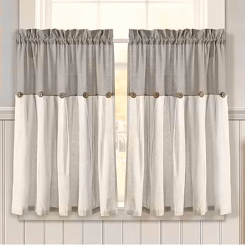 NWT Lush Decor, Linen Button Farmhouse Tier Curtain Set, Taupe and White